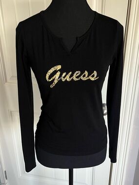 ❤️‍🔥GORGEOUS Y2K Guess Black Long Sleeve Top Gold Logo Fitted Tee Small